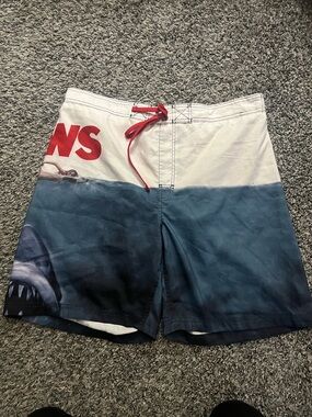 Vintage Jaws Men's White & Blue Shark-Graphic Swim Trunks with Red Drawstring